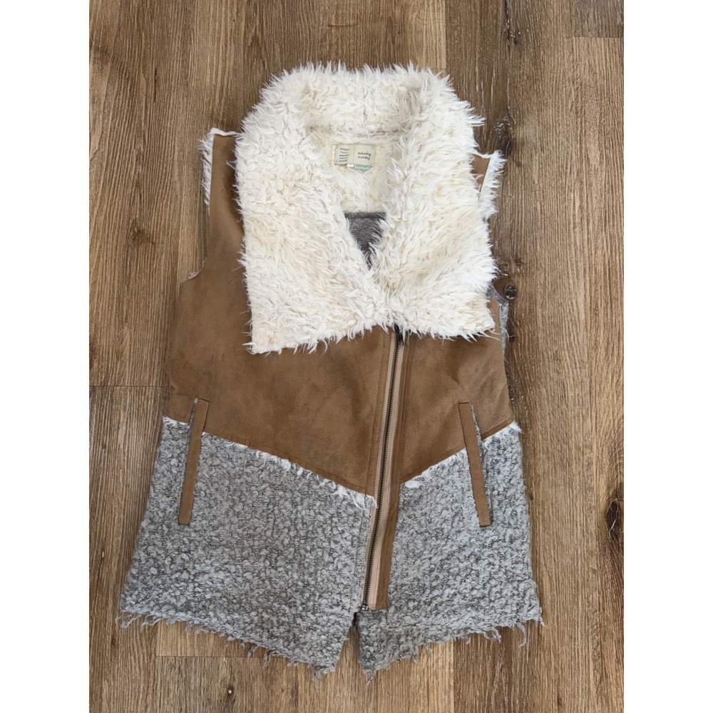 Saturday Sunday Anthropologie Faux Shearling Suede Vest Womens S Tan Grey Mixed